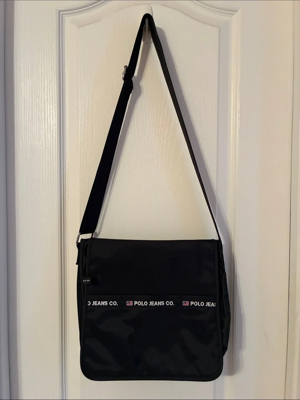 Vintage Ralph Lauren Polo‎ Messenger Bag Black Nylon Adjustable Strap Crossbody